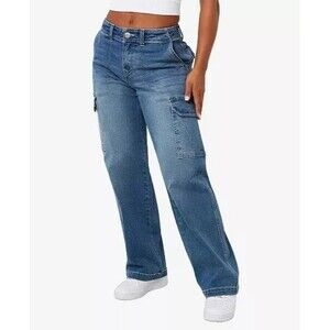 TRUE RELIGION Straight Leg Cargo Jeans Pink Stitch Women 38 Medium Tide Wash NEW